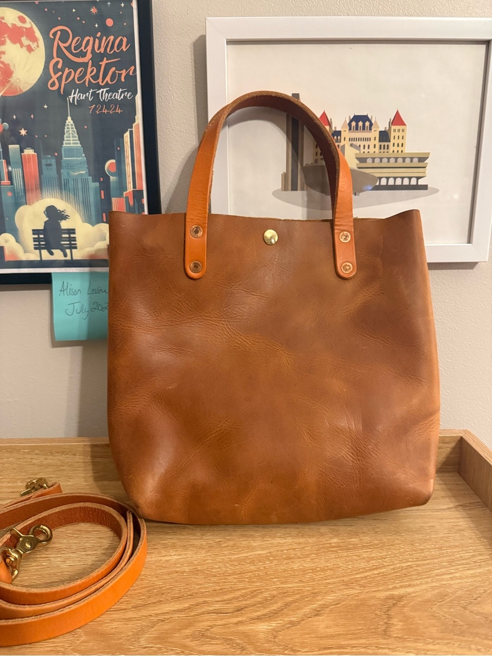 EUC KMM Distressed Ochre Mini Tote with russet (?) strap